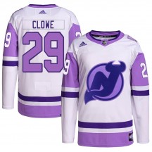 Men's Adidas New Jersey Devils Ryane Clowe White/Purple Hockey Fights Cancer Primegreen Jersey - Authentic