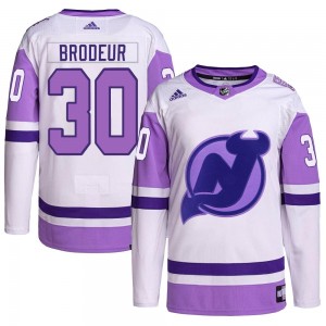 Men's Adidas New Jersey Devils Martin Brodeur White/Purple Hockey Fights Cancer Primegreen Jersey - Authentic