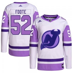 Men's Adidas New Jersey Devils Cal Foote White/Purple Hockey Fights Cancer Primegreen Jersey - Authentic