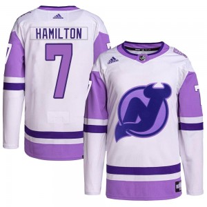 Men's Adidas New Jersey Devils Dougie Hamilton White/Purple Hockey Fights Cancer Primegreen Jersey - Authentic