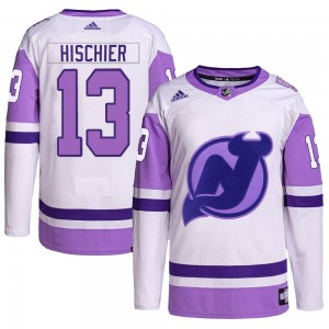 Men's Adidas New Jersey Devils Nico Hischier White/Purple Hockey Fights Cancer Primegreen Jersey - Authentic