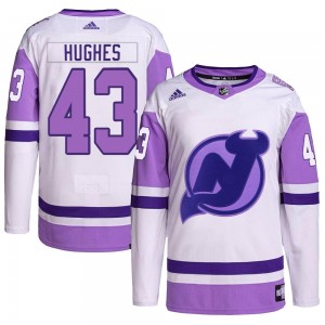 Men's Adidas New Jersey Devils Luke Hughes White/Purple Hockey Fights Cancer Primegreen Jersey - Authentic