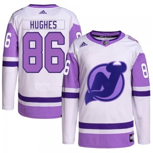 Men's Adidas New Jersey Devils Jack Hughes White/Purple Hockey Fights Cancer Primegreen Jersey - Authentic