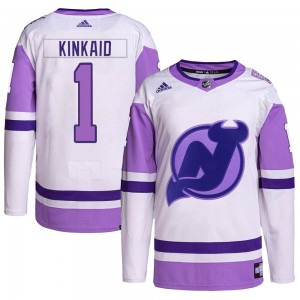 Men's Adidas New Jersey Devils Keith Kinkaid White/Purple Hockey Fights Cancer Primegreen Jersey - Authentic