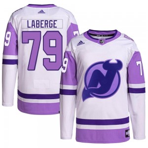 Men's Adidas New Jersey Devils Samuel Laberge White/Purple Hockey Fights Cancer Primegreen Jersey - Authentic