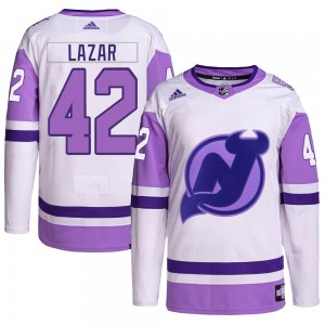 Men's Adidas New Jersey Devils Curtis Lazar White/Purple Hockey Fights Cancer Primegreen Jersey - Authentic