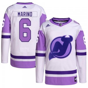 Men's Adidas New Jersey Devils John Marino White/Purple Hockey Fights Cancer Primegreen Jersey - Authentic