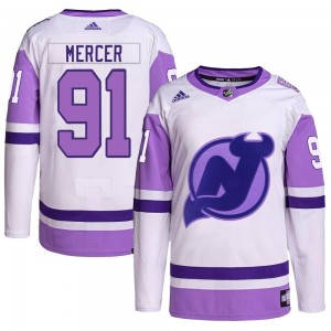 Men's Adidas New Jersey Devils Dawson Mercer White/Purple Hockey Fights Cancer Primegreen Jersey - Authentic