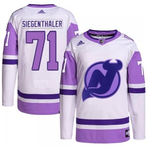 Men's Adidas New Jersey Devils Jonas Siegenthaler White/Purple Hockey Fights Cancer Primegreen Jersey - Authentic