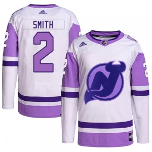 Men's Adidas New Jersey Devils Brendan Smith White/Purple Hockey Fights Cancer Primegreen Jersey - Authentic
