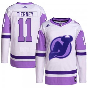 Men's Adidas New Jersey Devils Chris Tierney White/Purple Hockey Fights Cancer Primegreen Jersey - Authentic