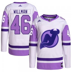 Men's Adidas New Jersey Devils Max Willman White/Purple Hockey Fights Cancer Primegreen Jersey - Authentic