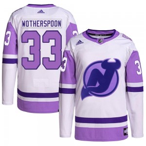 Men's Adidas New Jersey Devils Tyler Wotherspoon White/Purple Hockey Fights Cancer Primegreen Jersey - Authentic