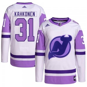 Youth Adidas New Jersey Devils Kaapo Kahkonen White/Purple Hockey Fights Cancer Primegreen Jersey - Authentic